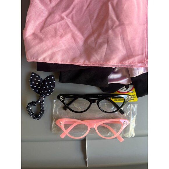 Womens Grease Bomber Jacket Pink Ladies Spell Full Zip w/ Scarf & Glasses & Bow - Picture 5 of 5